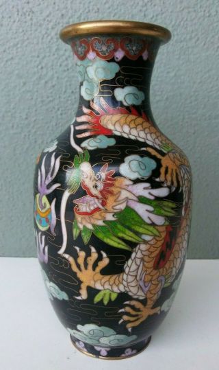Vintage Chinese Cloisonne Vase - Phoenix & Dragon On Black Field - 7 "