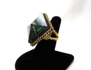 Betsey Johnson Vintage Green Plaid Lucite Block Pyramid Spike Gold Ring