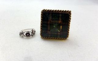 Betsey Johnson Vintage Green Plaid Lucite Block Pyramid Spike Gold Ring 3