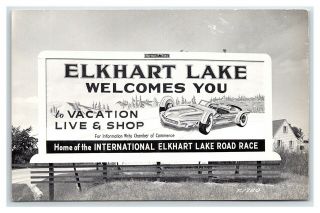 Vintage Postcard Rppc Elkhart Lake Wisconsin Car Races Billboard M1