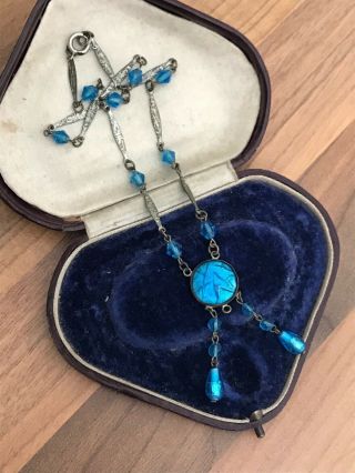 Gorgeous 14.  5 " Vintage Art Deco Foil Blue Glass Links Beaded Necklace