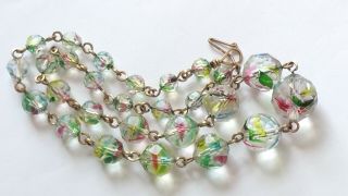 Czech Vintage Art Deco Iris Rainbow Faceted Glass Bead Necklace Rolled Gold Wire