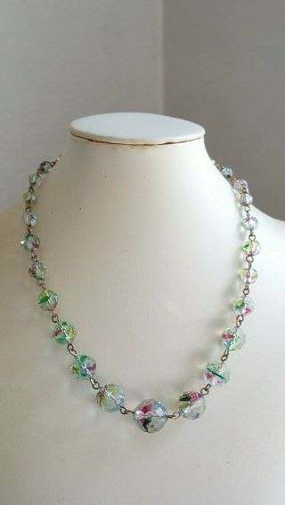 Czech Vintage Art Deco Iris Rainbow Faceted Glass Bead Necklace Rolled Gold Wire 3