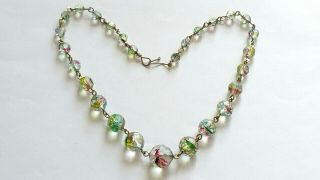 Czech Vintage Art Deco Iris Rainbow Faceted Glass Bead Necklace Rolled Gold Wire 5
