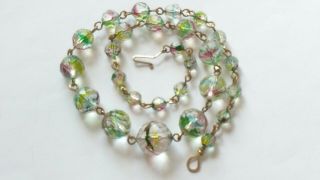 Czech Vintage Art Deco Iris Rainbow Faceted Glass Bead Necklace Rolled Gold Wire 7