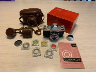 Vintage 1950s Zeiss Contaflex 35mm Camera W/filters,  Case,  Org.  Box,  1:28 45mm