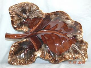 Vintage Hull Brown Drip Large Leaf Art Pottery 3 - Section Serving Dish Platter