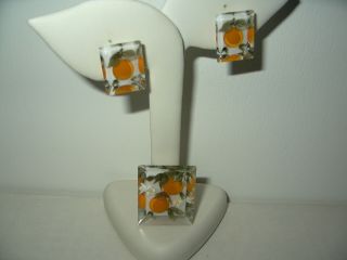Vintage Reverse Carved Plastic Lucite Orange Fruit Brooch Pin & Earrings Set