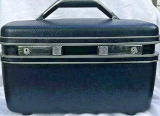Vintage1987 Samsonite Cosmetic Train Carrypak Hard Case Navy Beauty Mirror Keys