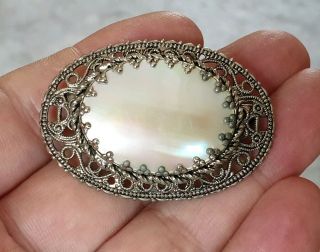 Vintage West German Jewellery Art Deco Crafted Mother Of Pearl Silver Brooch Pin