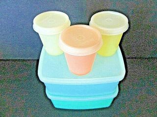 Vtg.  Tupperware Set Of 3 Sheer Pastel Midgets & 2 Pastel Square Round Containers