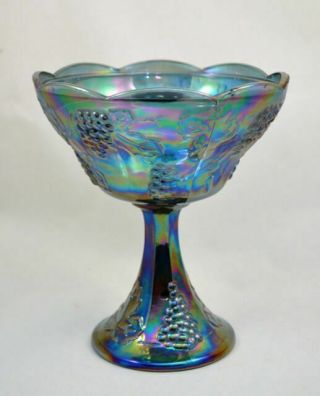 Vintage Indiana Carnival Glass Blue Iridescent Candy Dish /compote Harvest Grape