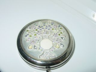 Vintage Ornate Jeweled Flower Design Rhinestone Compact Makeup Purse Mirror