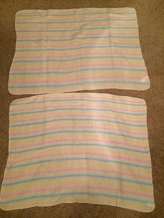 2 Vintage Acrylic Woven Baby Blankets,  White W/ Pink Yellow Blue Stripe,  30 " X40 "