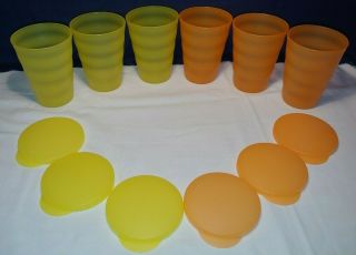 Set Of 6 Vintage Yellow / Orange Tupperware Impressions Tumblers 11 Oz W/ 6 Lids