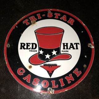 Vintage Tri Star Red Hat Gasoline Porcelain Pump Sign Service Station Gas Oil
