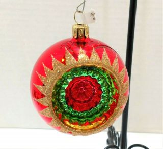 Vintage Hand Blown Glass Christmas Ornament Indent Pontil Red Gold Green Germany