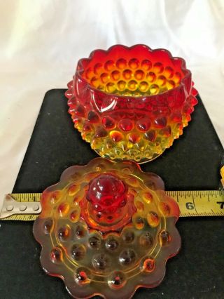 Vintage Fenton Red Yellow Amberina Hobnail Scalloped Edge Covered Candy/nut Dish