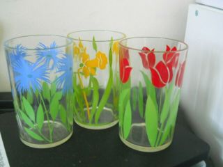 3 Vintage Swanky Swigs Posy Juice Glasses Tulip Jonquil Cornflower 3 1/2 "