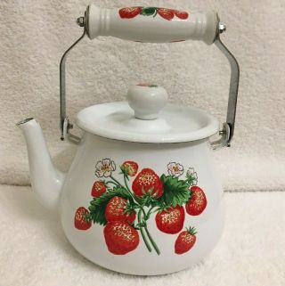 Vintage Country Red Strawberry White Enamel Coated Tea Pot Kettle With Handle