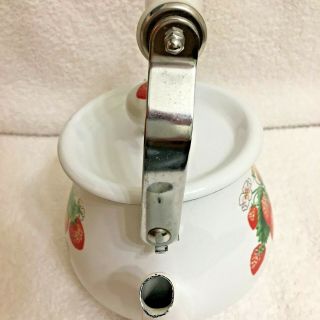 Vintage Country Red Strawberry White Enamel Coated Tea Pot Kettle With Handle 4