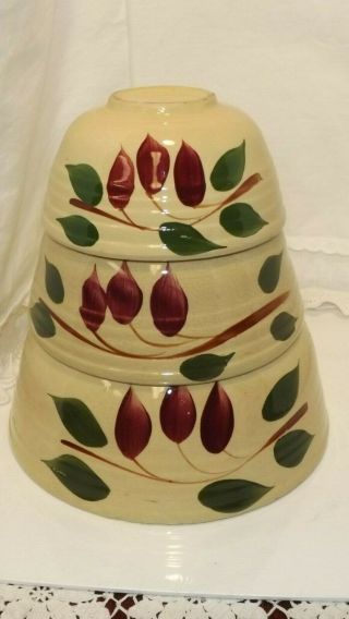 Vintage 3 Pc Watt Yellow Ware Nesting Bowls / Red & Green Leaf