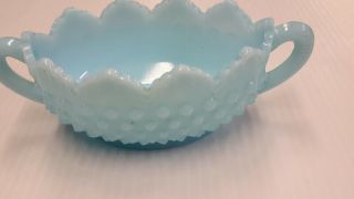 Vintage Fenton Glass Hobnail Blue Scalloped Edge Open Candy Dish W/ Handles