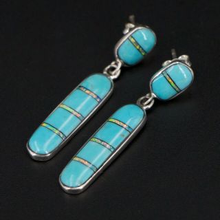 Vtg Sterling Silver - Navajo Turquoise Opal Inlay Dangle Post Earrings - 4.  5g