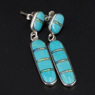 VTG Sterling Silver - NAVAJO Turquoise Opal Inlay Dangle Post Earrings - 4.  5g 2