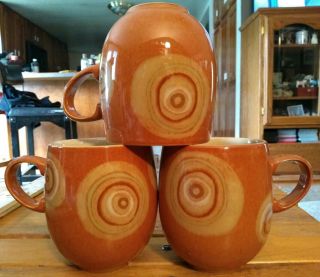 Set Of 3 Vintage Denby Fire Chilli Orange & Rust Circles Coffee Mugs 4” Tall 