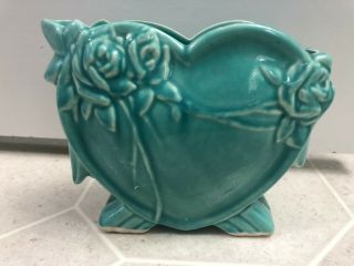 Vintage McCoy Pottery HEART Planter Vase With Roses Circa 1940 ' s Blue Turquoise 2