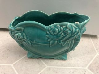 Vintage McCoy Pottery HEART Planter Vase With Roses Circa 1940 ' s Blue Turquoise 7