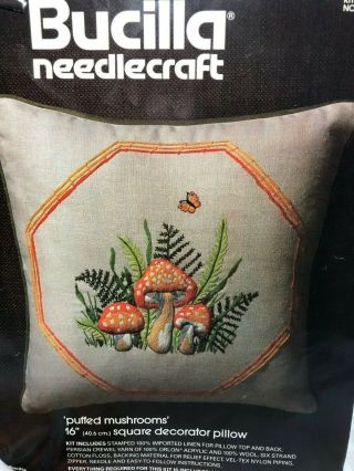 Vtg Bucilla Crewel Puffed Mushrooms Embroidery Linen Pillow Kit 70s Groovy 3482