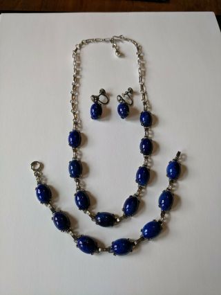Vintage Sterling Blue Stone Necklace Bracelet & Earrings Set