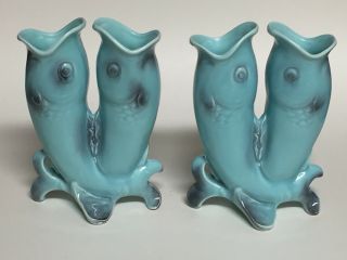 Set Of 2 Vintage Figural Fish Spill Vases Aqua Blue Porcelain Germany 9105