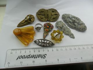 Vintage costume jewellery art deco bakelite dress clips brooch diamante repair 3