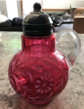 Vintage Fenton Cranberry Opalescent Daisy And Fern Syrup Pitcher