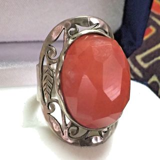 Vintage Sterling Silver Ring Kai Pink/orange/red Stone Filagree Sz 7.  1/4 Long