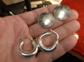 2 Pairs Of Vtg Sterling Silver Earrings,  Concave Art Nouveau,  Puffy " C " Hoops