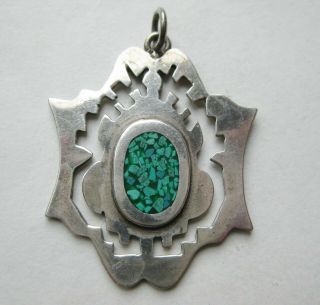 Fine Vtg Taxco Mexican Sterling Silver Green Malachite Inlay Necklace Pendant