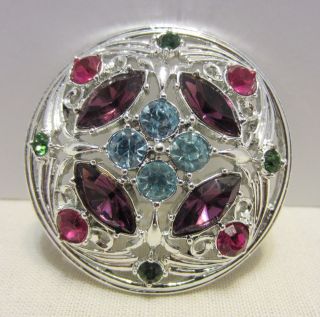 Vintage Sarah Coventry Round Silver Tone Multi - Color Stone Brooch Pin Signed