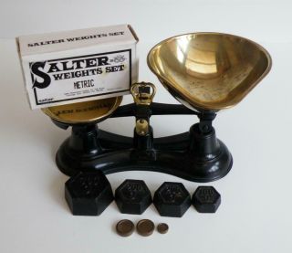 Vintage Salter 2 Kilo Black and brass Scales No 56 Metric Weights Set Brass Pans 2
