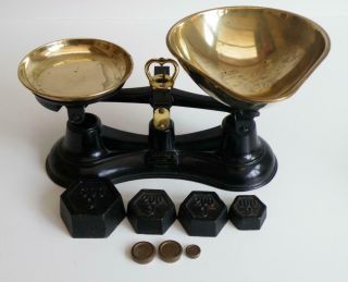 Vintage Salter 2 Kilo Black and brass Scales No 56 Metric Weights Set Brass Pans 4