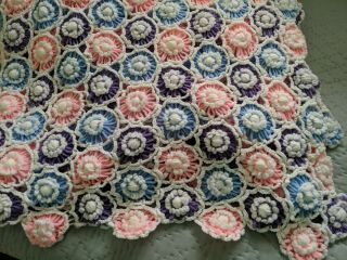 Vtg Floral Crocheted Afghan Twin Pink Purple Blue Flower Daisy Crochet 76x 48