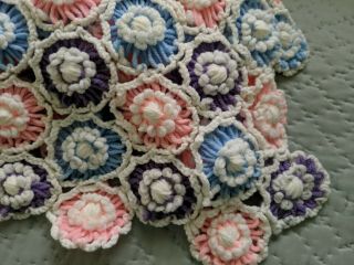 Vtg floral crocheted afghan Twin Pink Purple Blue flower daisy crochet 76X 48 3