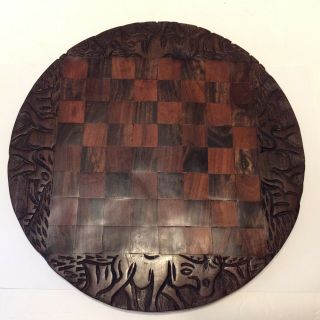 Vintage African 2 Sides Hand Carved Animal Design Ebony Wood Chess Board/tray