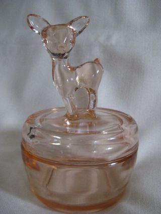 Vintage Jeanette Glass Pink Glass Deer / Fawn Powder / Trinket Jar
