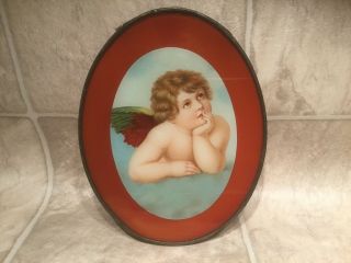 Vtg Oval Chimney Stove Flue Cover With Cherub Picture