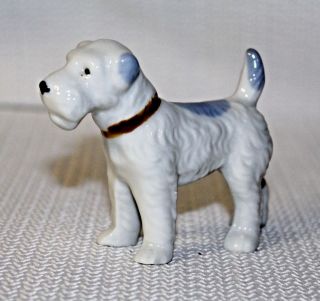 Adorable Vintage Miniature " Terrier Dog " White & Blue Bone China Made In Japan