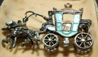 Vintage Silver Enamel Guilloche Marcasite Horse & Carriage Brooch C1950